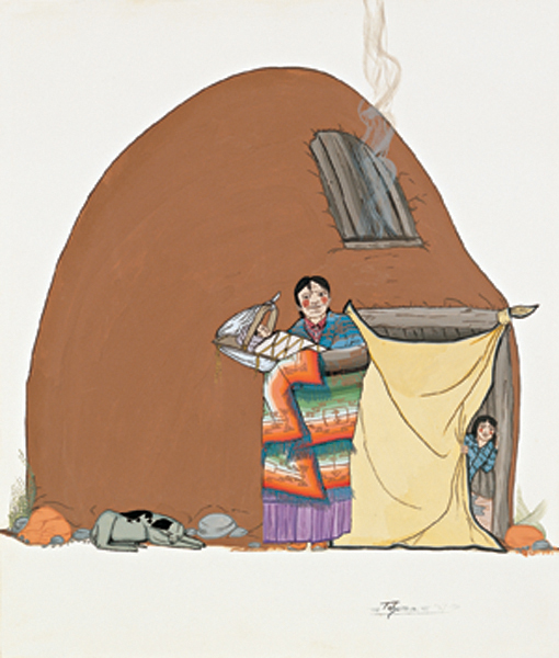 Navajo Woman with Children at Hogan